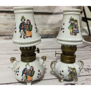 Two Vintage Miniature Ceramic Oil Lamps Victorian 6.5”